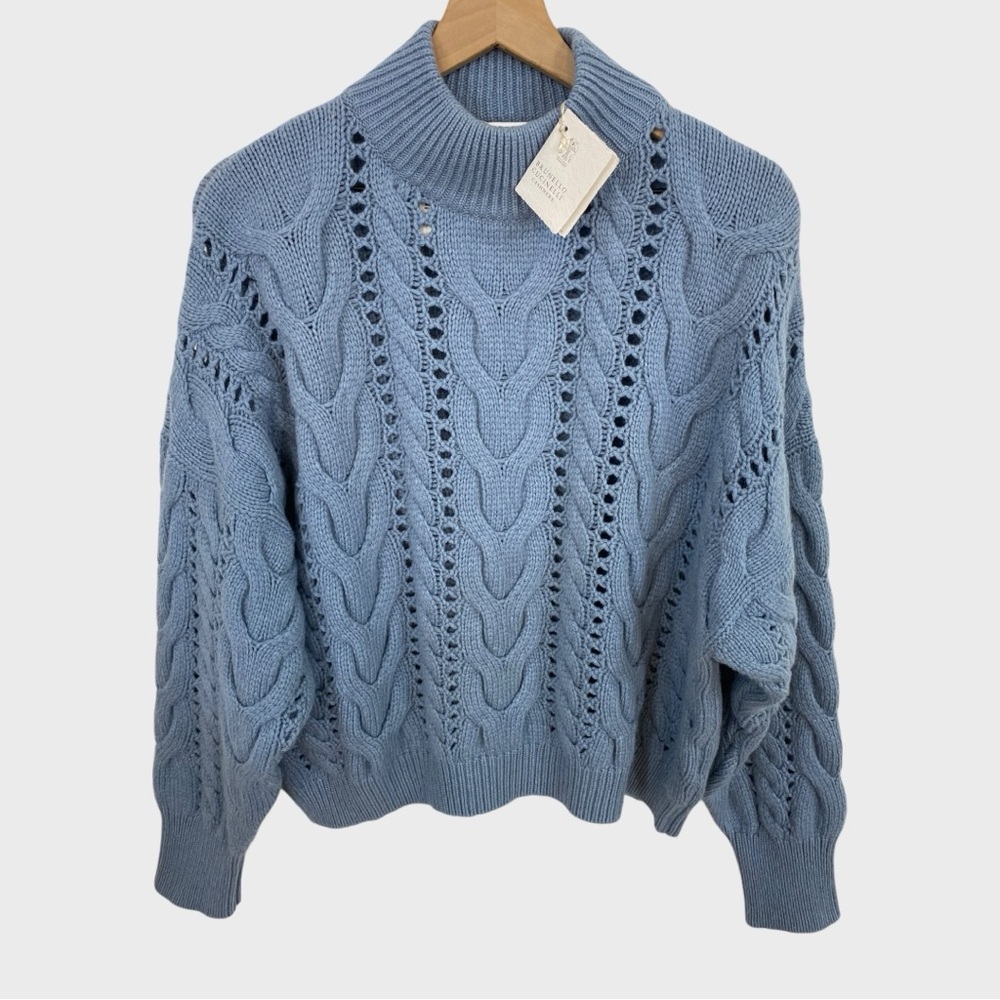 Brunello Cucinelli Lagoon Blue Wool Cashmere Silk Cable Knit Sweater NWT Large